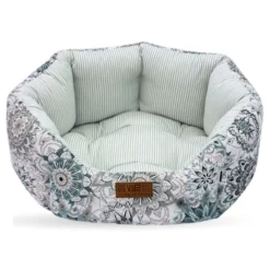 Κρεβατάκι Σκύλου και Γάτας V.I.Pets Royal Λουλούδια Φυστικί - Μπεζ & Ριγέ Φυστικί 70x70cm